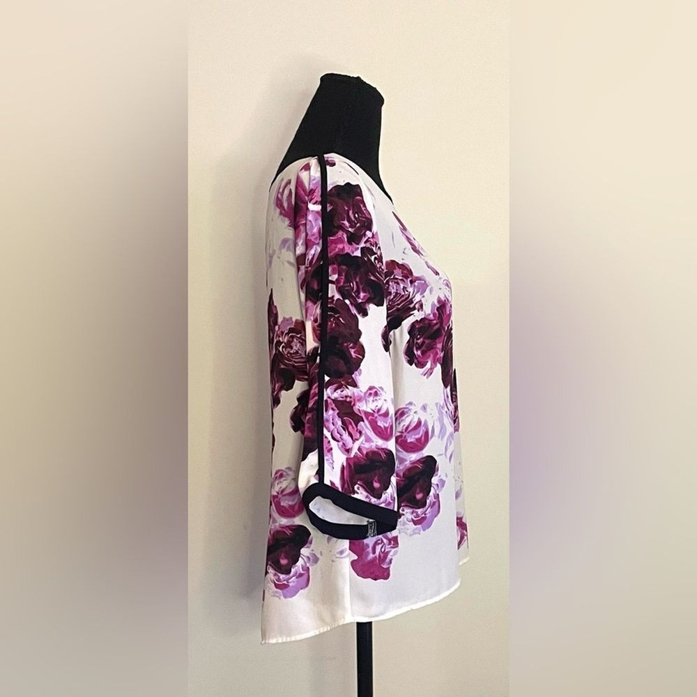 Adrianna‎ Papell Purple Floral 3/4 Split Sleeve Boat Neck Blouse Small - Picture 3 of 7